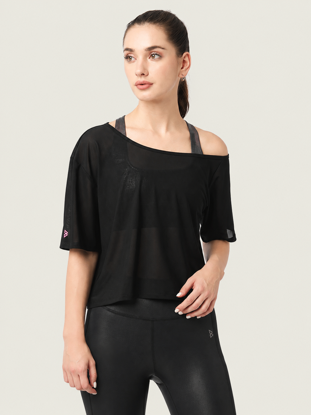 Black Mesh Off-Shoulder Tee